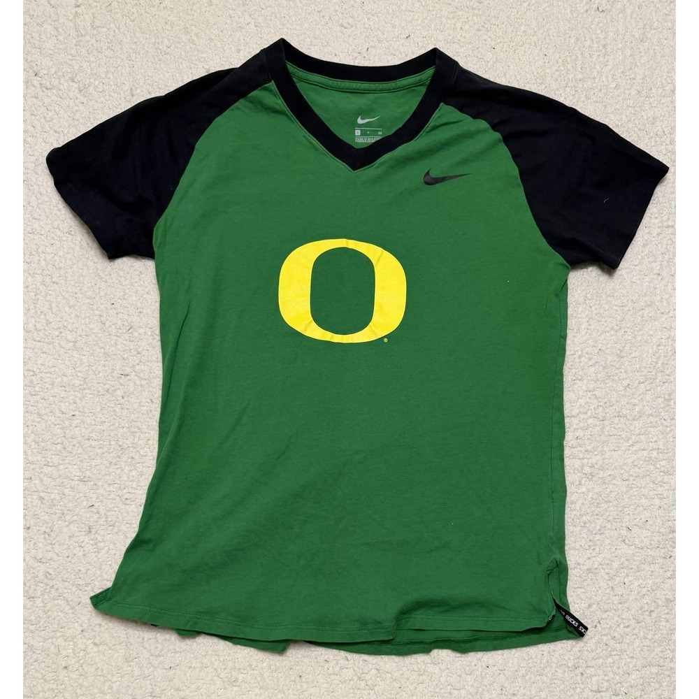 Nike Womens Oregon Ducks T-shirt Graphic Tee Size S Green Raglan 100% Cotton